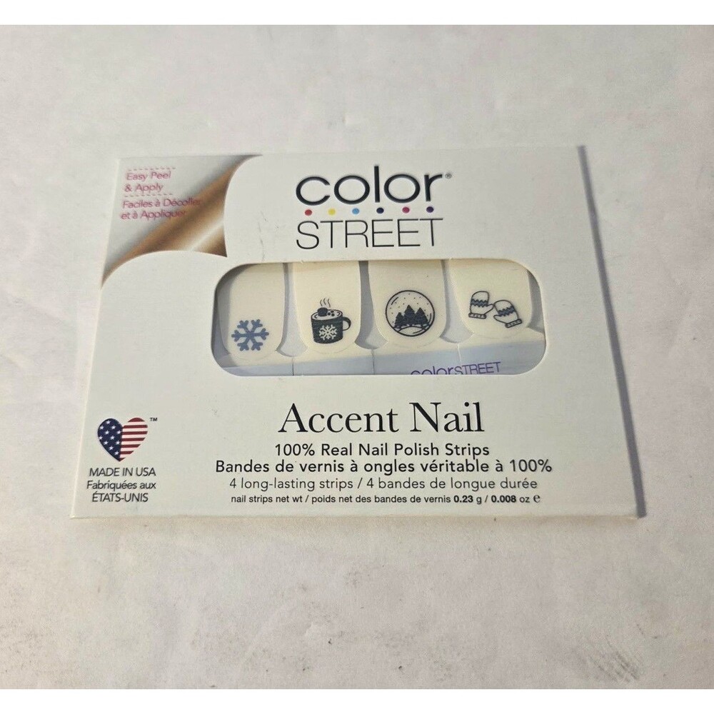 Color Street Accent Nail Strips White Blue Winter Real Nail Polish Short FSL058